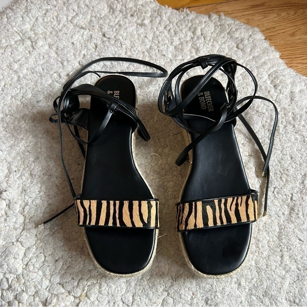 Bleecker & Bond Odette Tiger Print Calf Hair Espadrille Platform Wedge Sandals - Picture 2 of 9